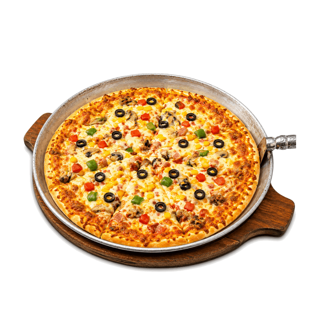 Pizza rau củ và pepperoni trên đế gỗ